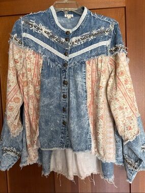 POL Light Blue Denim Shirt with Cream Lace Trim